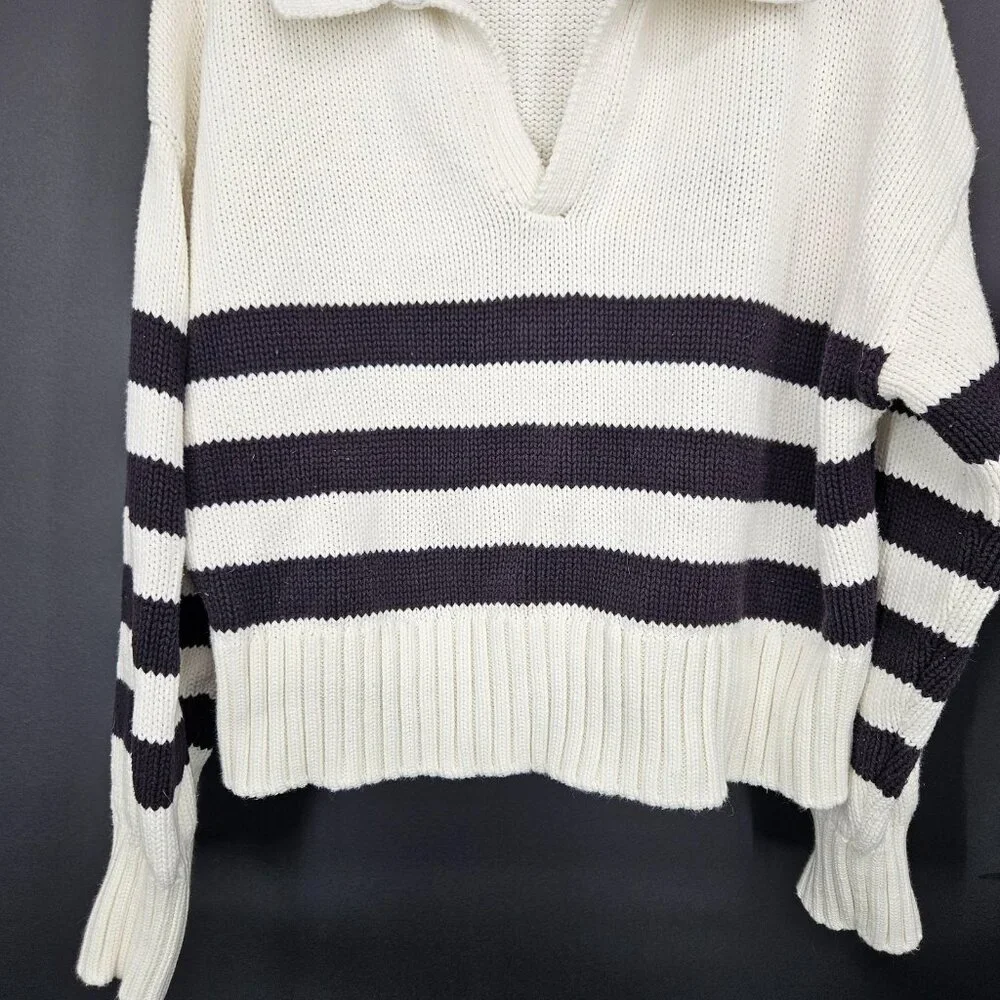 Pistola Sweater Womens XL Midnight Cream Stripe Collared Knit Pullover Academia - Picture 3 of 10